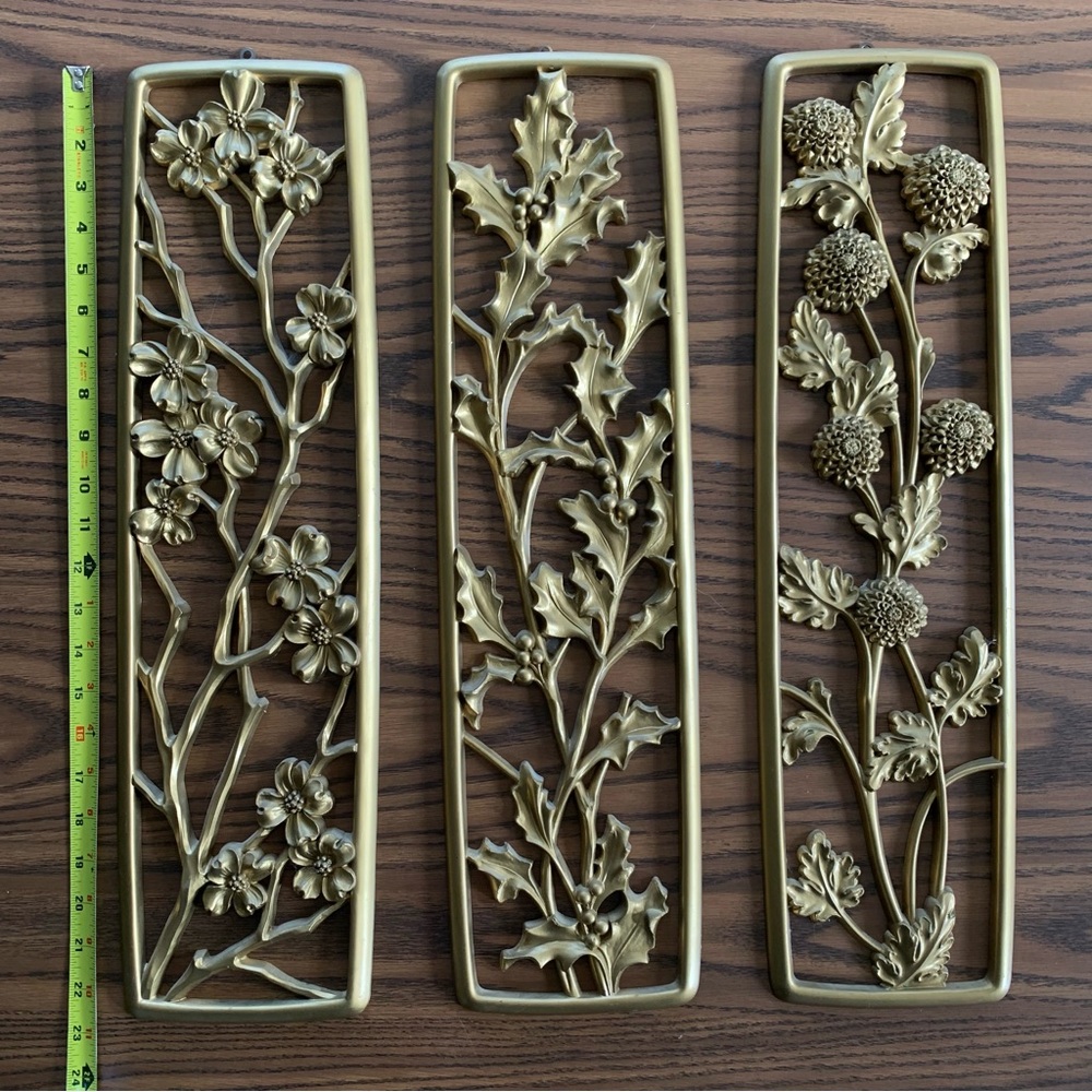 Vintage 1960s Mid Century Syroco Gold Floral Seasons Wall Hangings Set of 3 - Picture 6 of 7